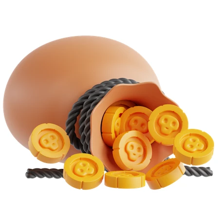 3D render of a sack filled with gold pirate coins