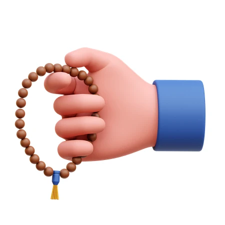 3D illustration of a hand holding wooden prayer beads
