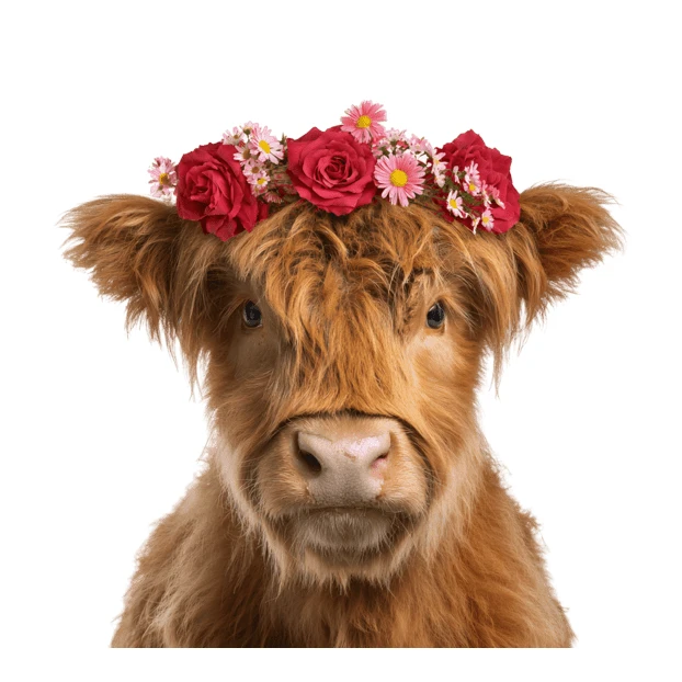 Highland cow calf wearing a flower crown isolated on white