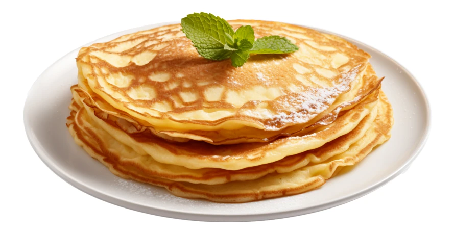 Stack of thin crepes with mint leaf on white background