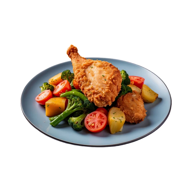 Crispy fried chicken drumstick with vegetables on blue plate