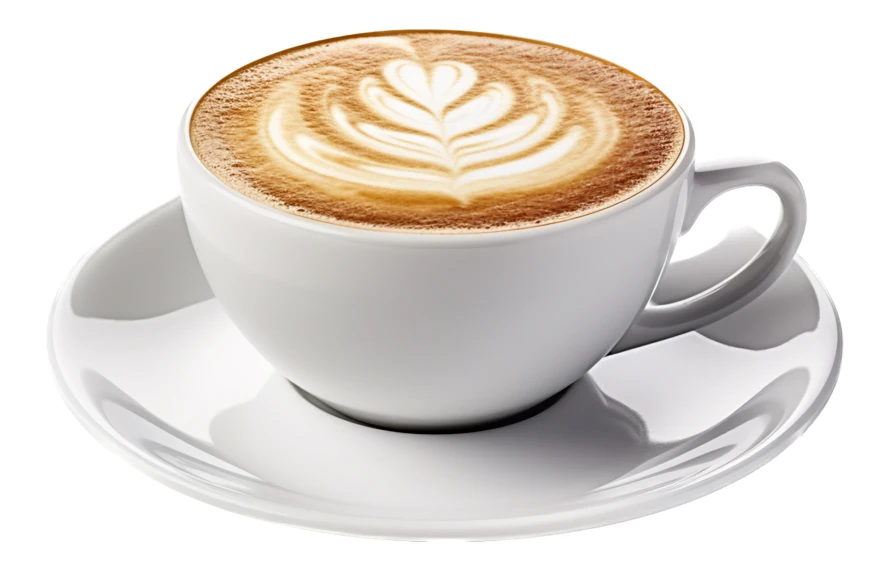 Cappuccino with latte art in white cup isolated on white