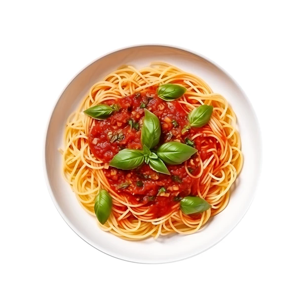 Spaghetti pasta with tomato sauce and fresh basil top view
