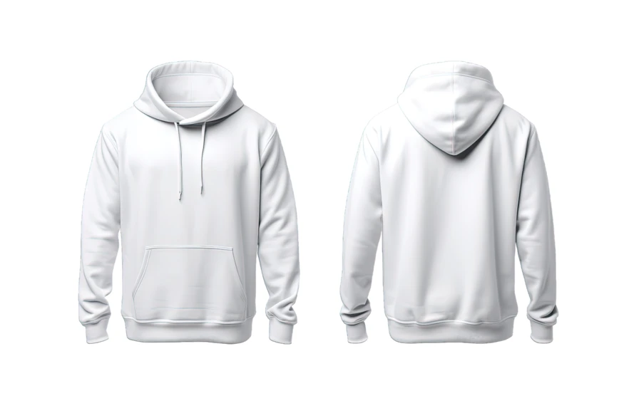 Front and back view of a blank white hoodie mockup