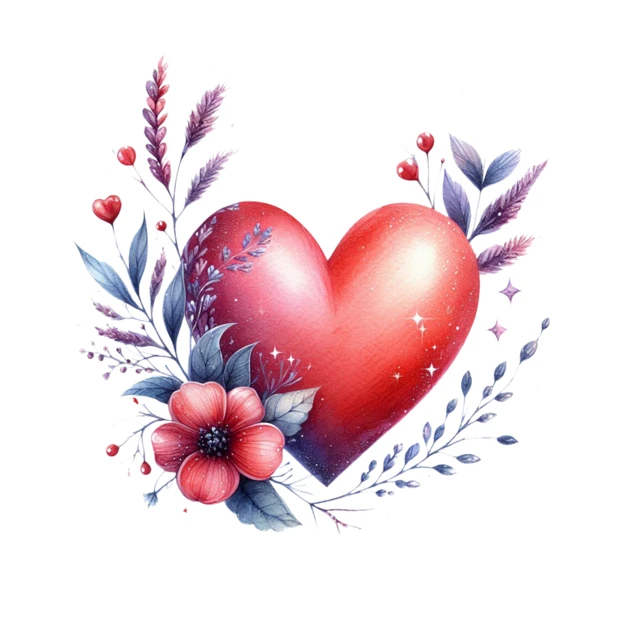 Red heart with floral arrangement on white background