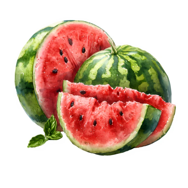 Watercolor illustration of whole and sliced watermelon on white background