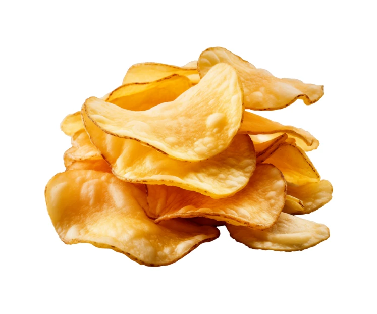 Pile of crispy golden potato chips isolated on white