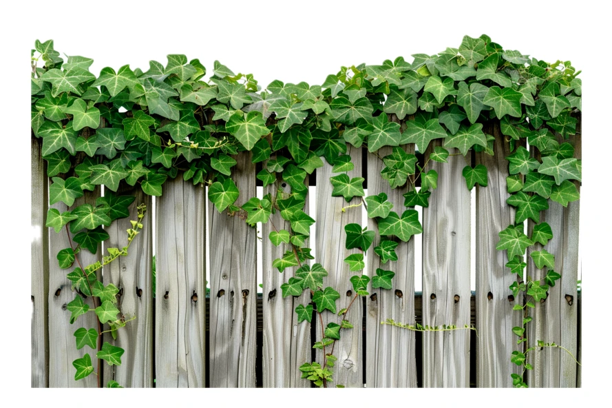 Green ivy vines growing over a wooden fence isolated
