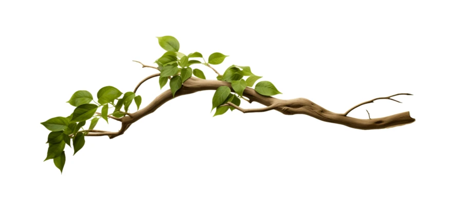 Curved tree branch with green leaves isolated on white