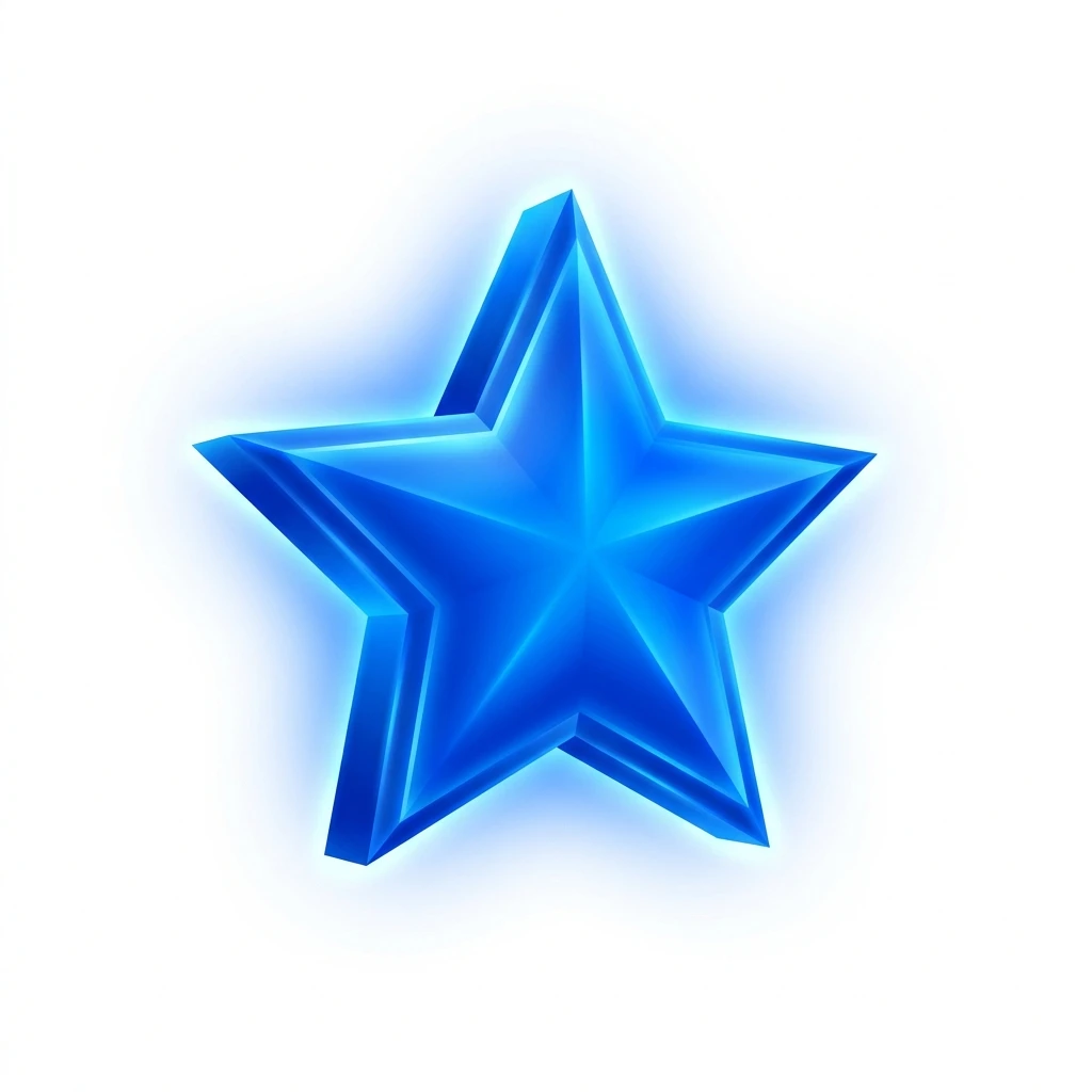 Glowing 3D blue star icon on white background