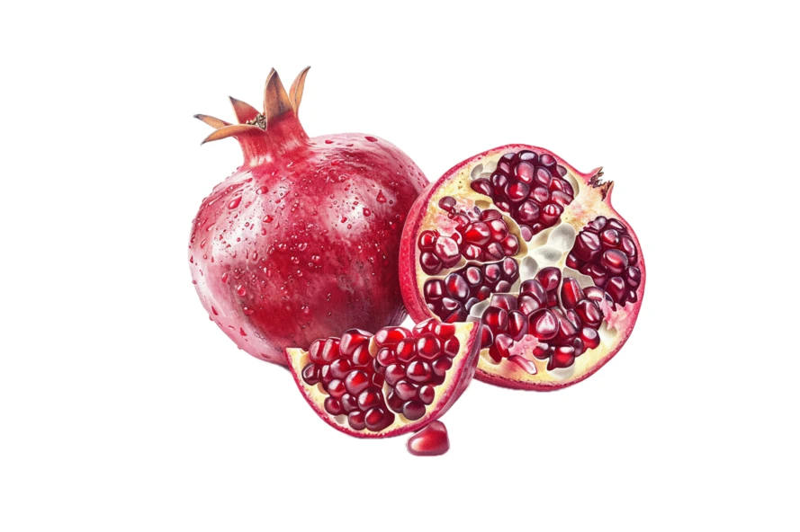 Whole and sliced pomegranate with seeds isolated on white background