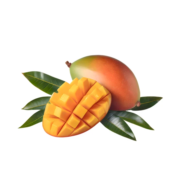 Whole and sliced mango fruit with leaves on white background