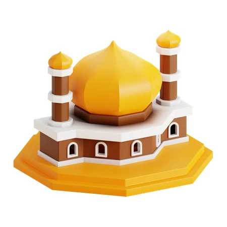 3D illustration of a mosque with golden dome and minarets