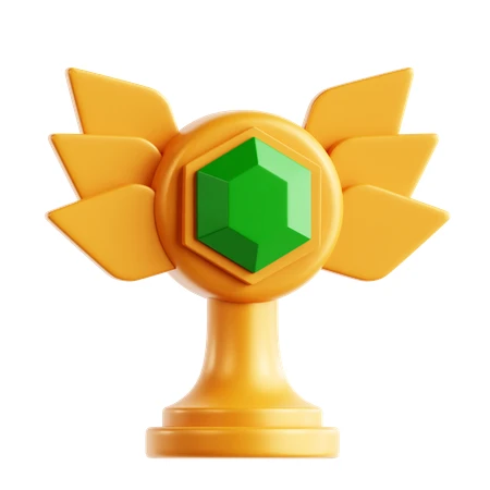 3D winged golden trophy with a green hexagonal gemstone