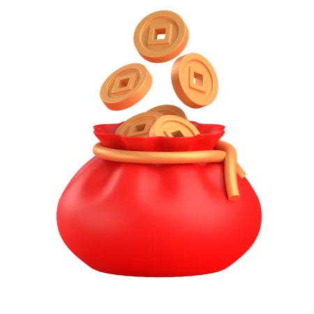 3D red lucky bag with falling gold Chinese coins
