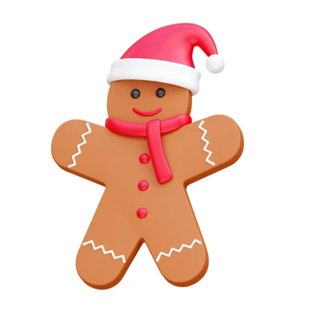 3D gingerbread man wearing Santa hat and red scarf