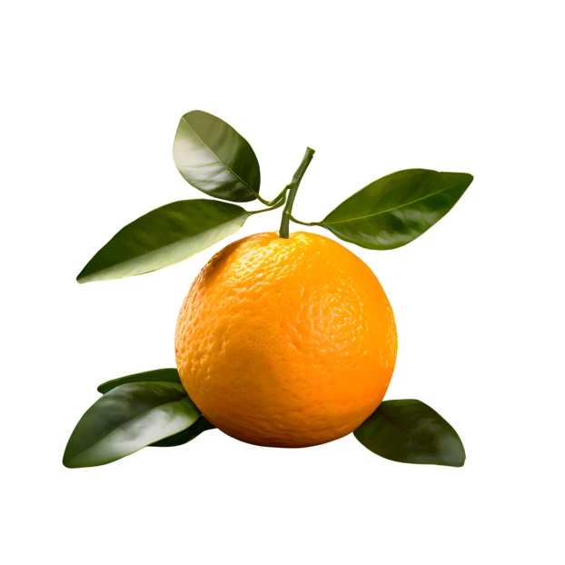 Single whole orange with green leaves isolated on white background