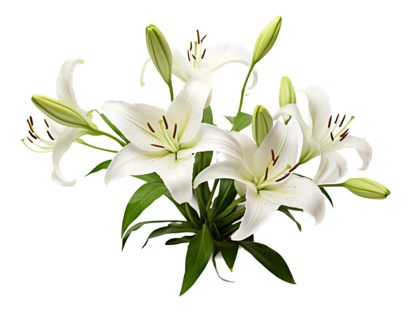 White lily flowers and buds isolated on white background