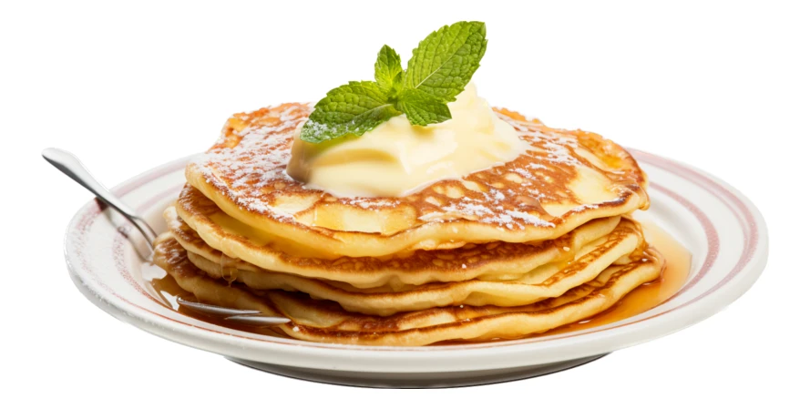 Stack of fluffy pancakes with cream and maple syrup