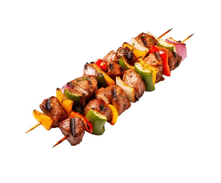 Grilled meat and vegetable skewers isolated on white background