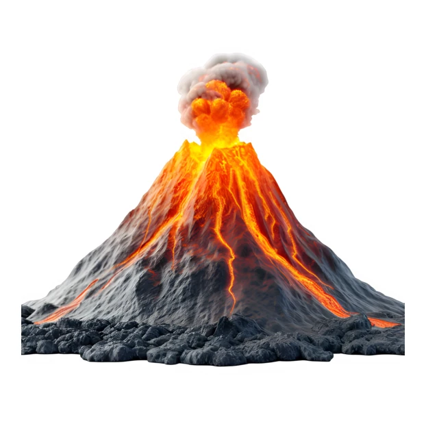 Volcano erupting with glowing lava and smoke on white background