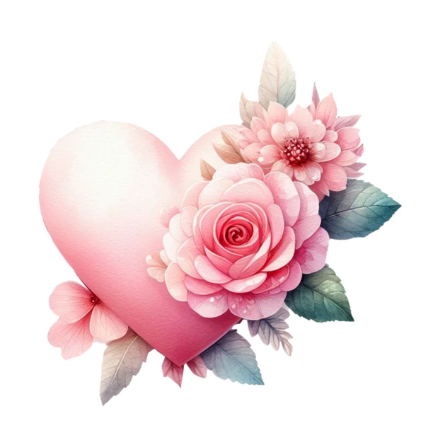 Pink watercolor heart with roses and flowers isolated on white