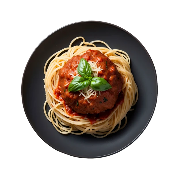 Spaghetti with large meatball and basil on black plate