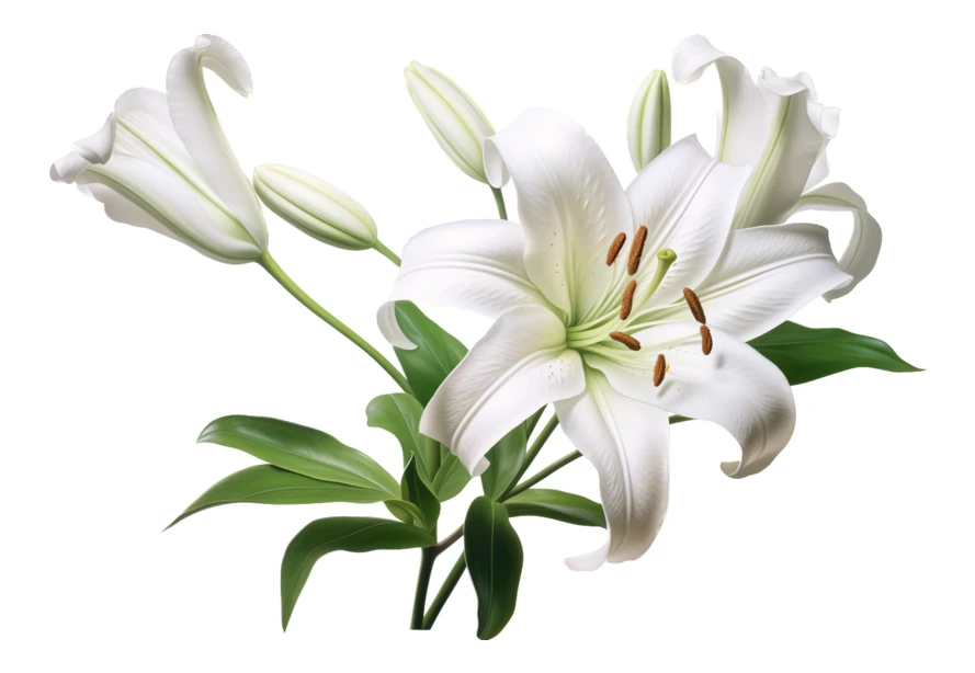 White lily flowers and buds isolated on white background
