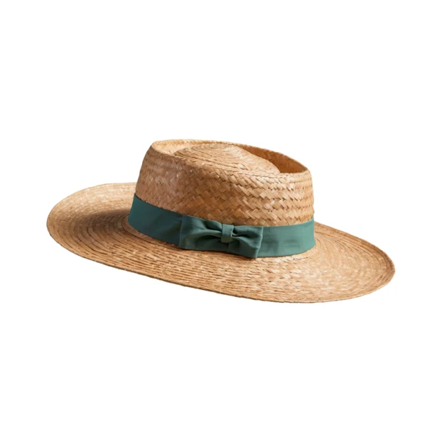 Classic straw boater hat with green ribbon on white background
