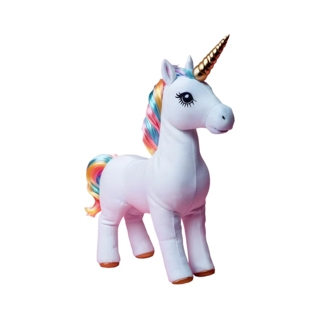 White unicorn plush toy with rainbow mane and golden horn
