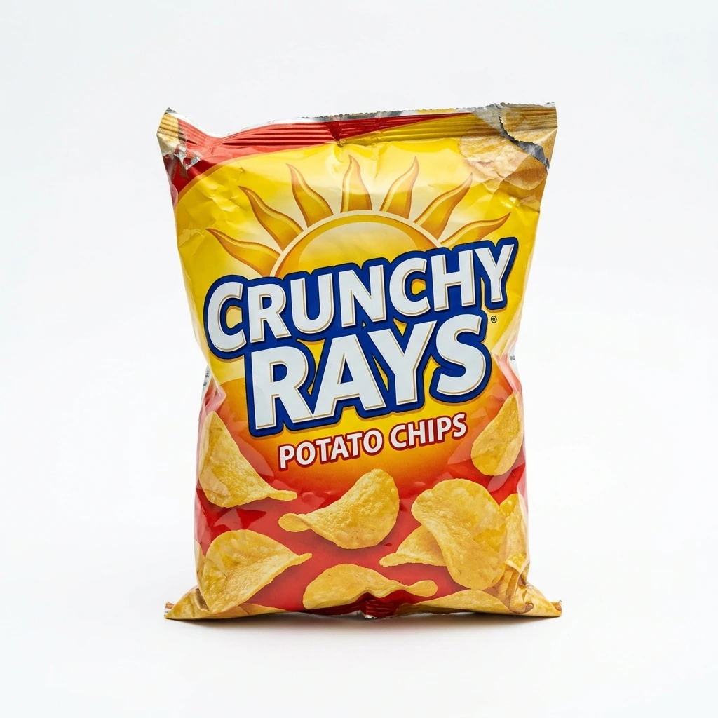 Sealed bag of crunchy potato chips on white background