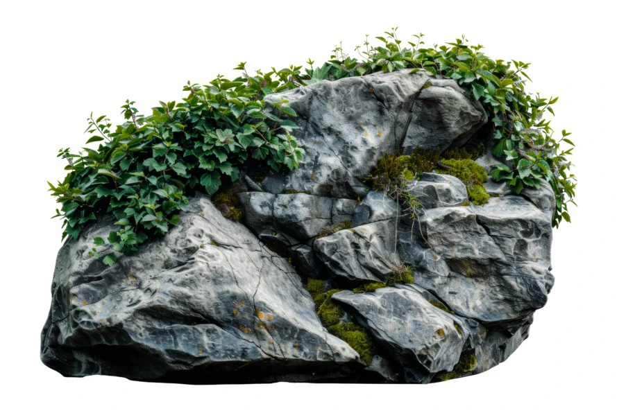 Large textured rock with green plants isolated on white