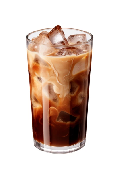 Iced coffee with milk swirls in a glass isolated