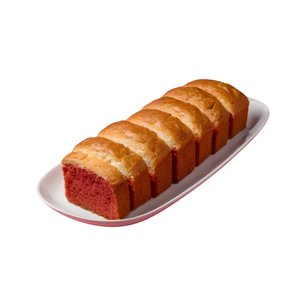 Sliced red velvet loaf cake on a white platter