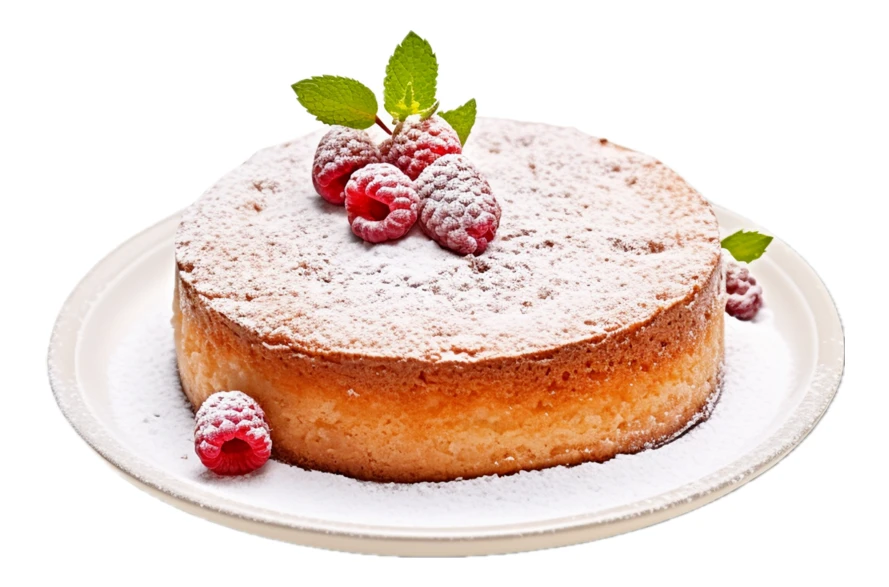 Sponge cake with fresh raspberries and powdered sugar