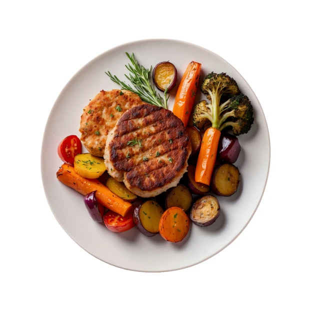 Grilled chicken patty with roasted vegetables on a plate