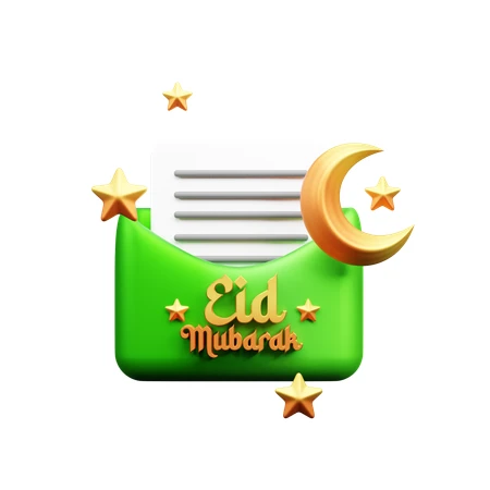 3D Eid Mubarak greeting card in green envelope