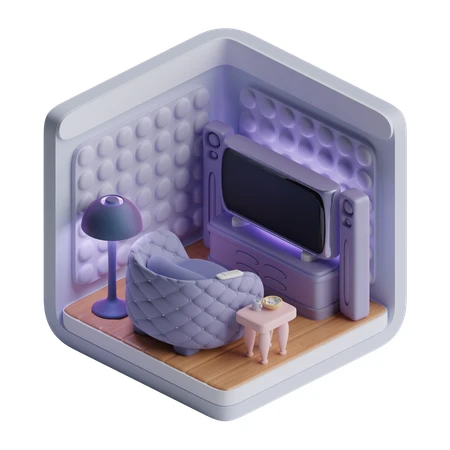 3D isometric purple home theater room with armchair and TV