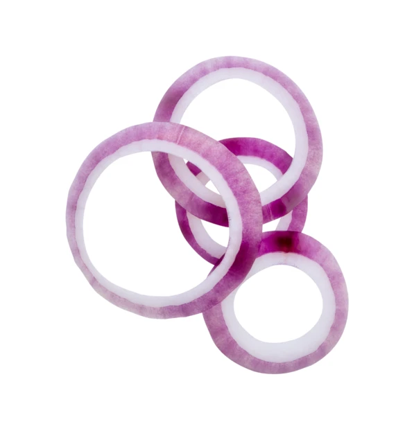 Slices of red onion rings isolated on white background