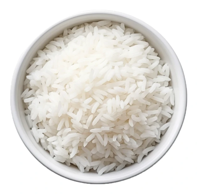 Top view of cooked white rice in a ceramic bowl