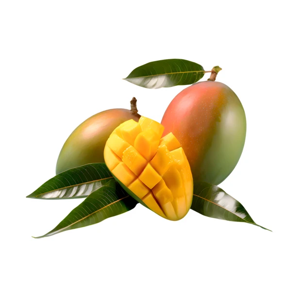 Fresh whole and sliced mango fruit with leaves