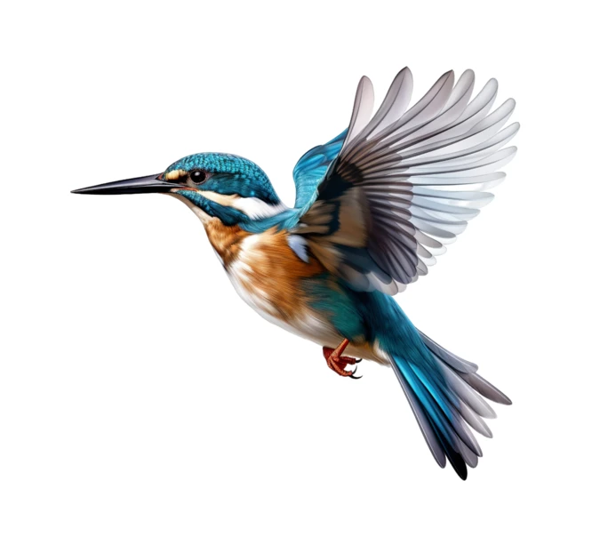 Common kingfisher bird in flight isolated on white background