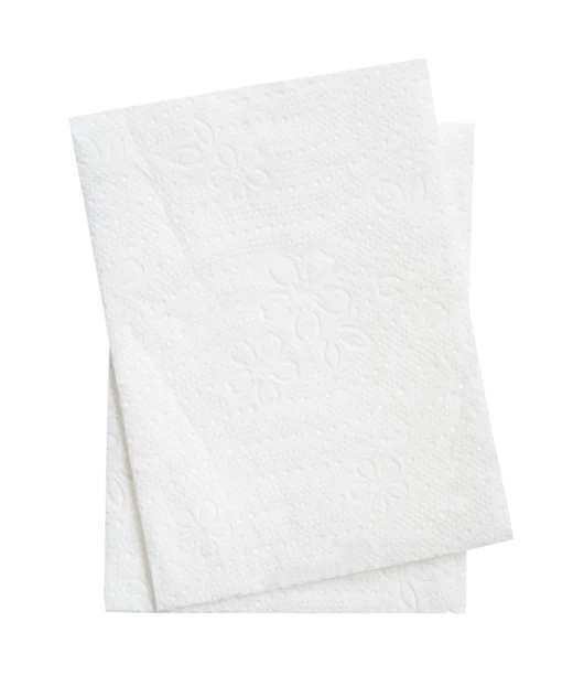 Two white folded paper napkins with floral embossed pattern