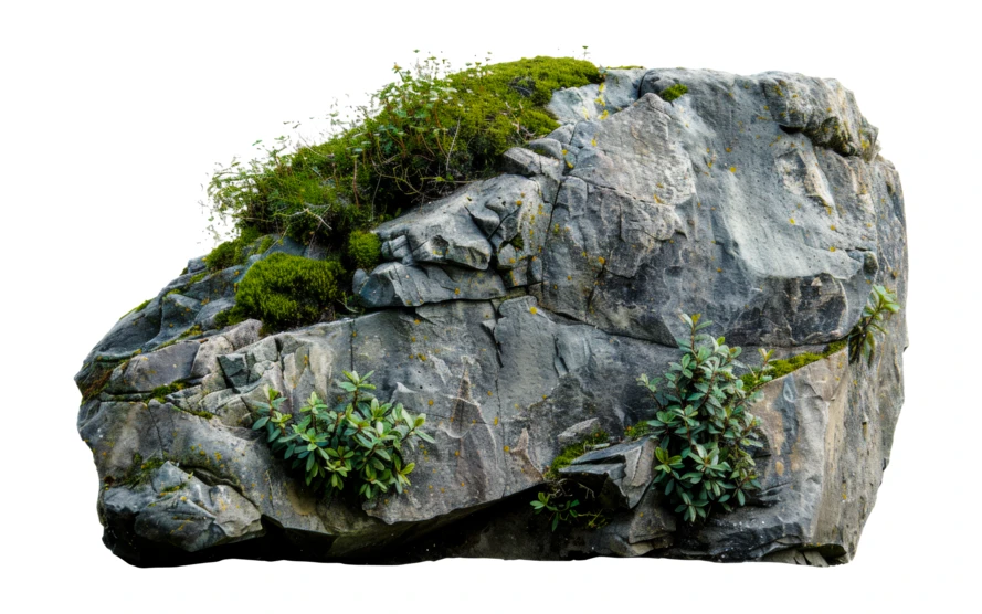 Large grey boulder with moss and plants isolated on white