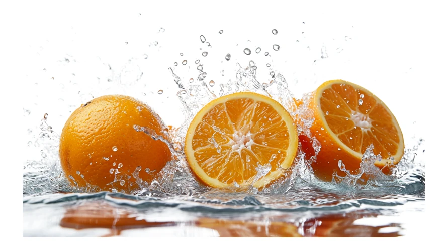 Fresh oranges splashing in water on white background