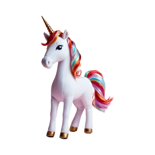 White unicorn toy with rainbow mane and golden horn