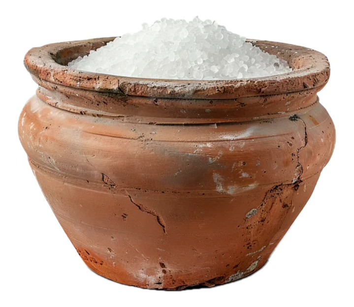 Rustic clay pot filled with coarse sea salt crystals