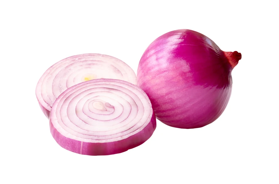 Whole red onion and fresh slices isolated on white background