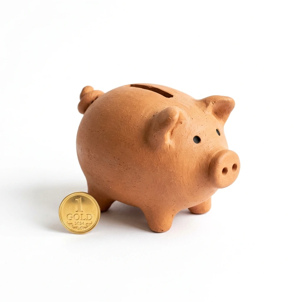 Clay piggy bank with a single gold coin on white
