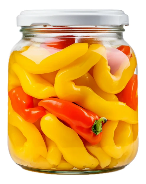 Pickled yellow and orange mini peppers in glass jar